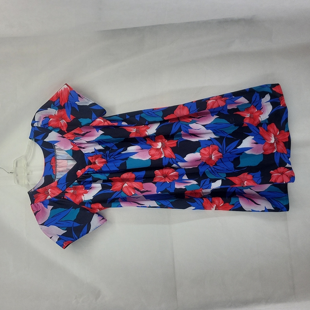 VINTAGE GRANADA Blue Red Floral Short Sleeve V-Neck Side Pocket Mumu Housecoat